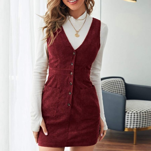 button down corduroy pocket burgundy mini dress - Picture 6 of 6
